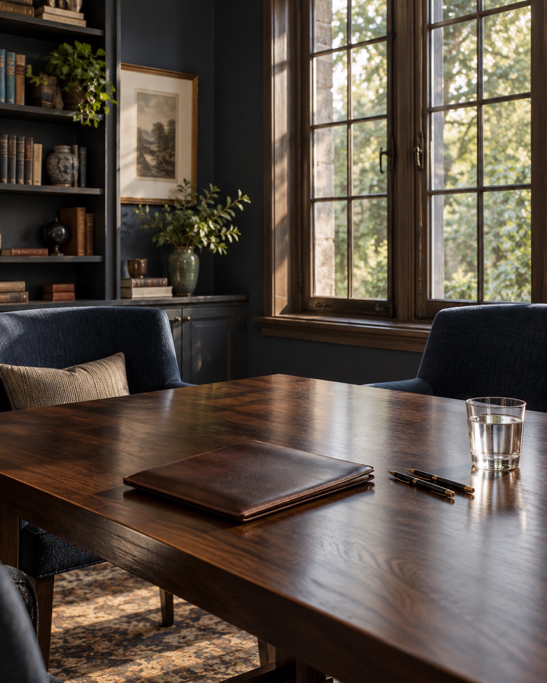 A quiet consultation room with a walnut table and sunlit windows
